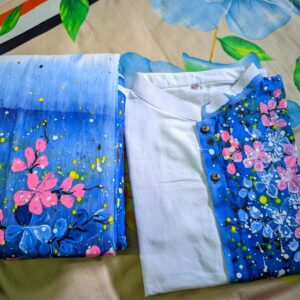 নীল ক্যানভাস হ্যান্ড পেইন্ট শাড়ি ও পাঞ্জাবি